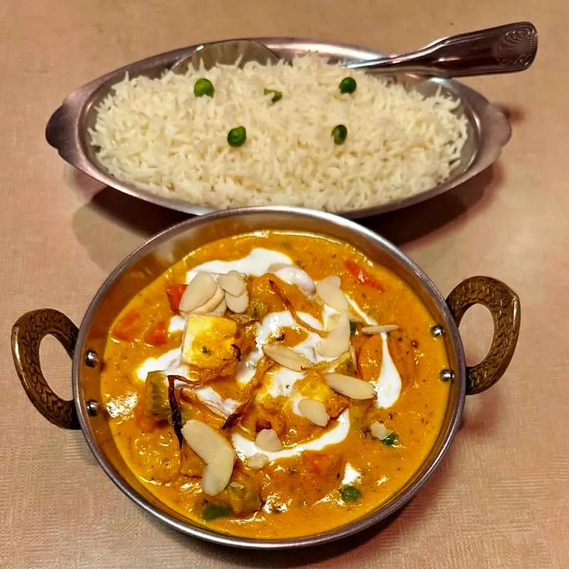 Navratan Korma — mixed vegetables cooked in a mild cashew sauce